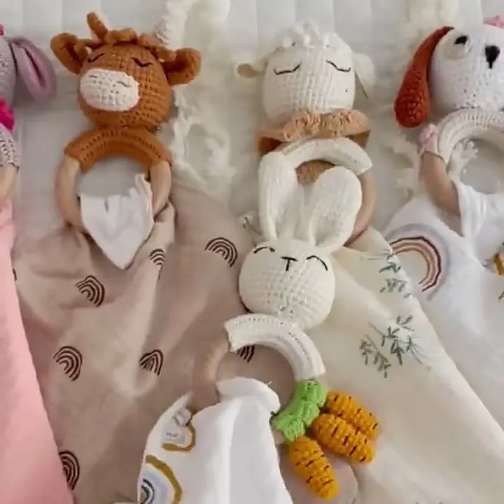 Baby Lovey Shower Gift Lovey Organic Cotton Muslin Blanket Baby Animal Crochet Rattle Toy Security Blanket