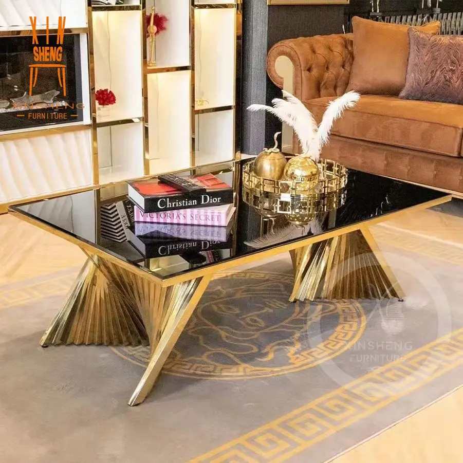 New Luxury Rectangle Black Glass Top Low Coffee Center Table For Living Room