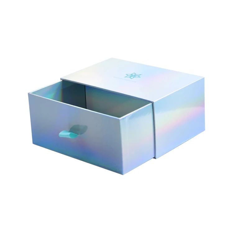 Custom Logo Fashion Luxury Silver Holographic Laser Paper Beauty Cosmetics Packaging Gift Box Rigid Cardboard Sliding Drawer Box