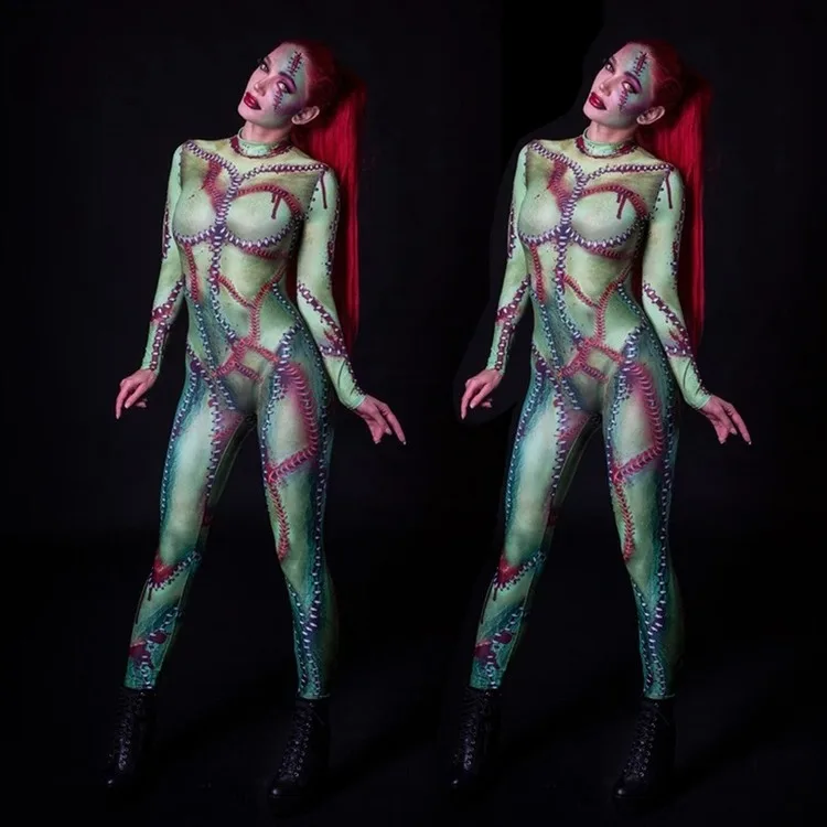 
New Women Halloween 3D Print Cosplay Costume Female Zombie Ghost Carnival Party Role-play Tight Scary Jumpsuit Bodysuit 