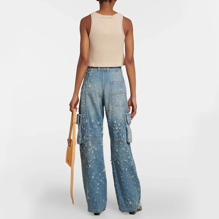 DiZNEW Design Streetwear Waist Women Jeans 2023 Cargo Loose Blue Wide Leg Denim Pants For Ladies