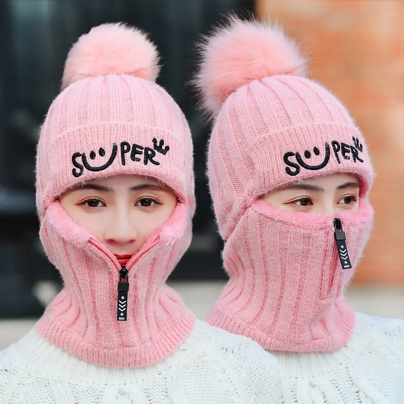Women Winter Casual Ear Protection Wool Hat Thickened Fleece Warm Cycle Knitted Beanie Hat Sombreros De Invierno