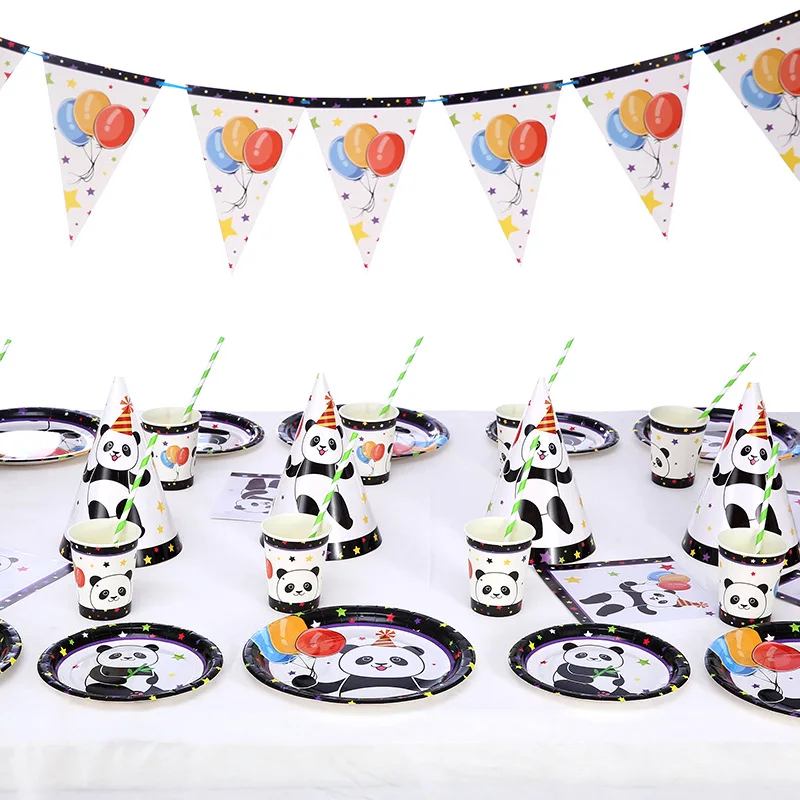2022 Party panda theme disposal kung fu panda ornament Paper Plate Set plates 9inch 7inch cups napkin black panda theme