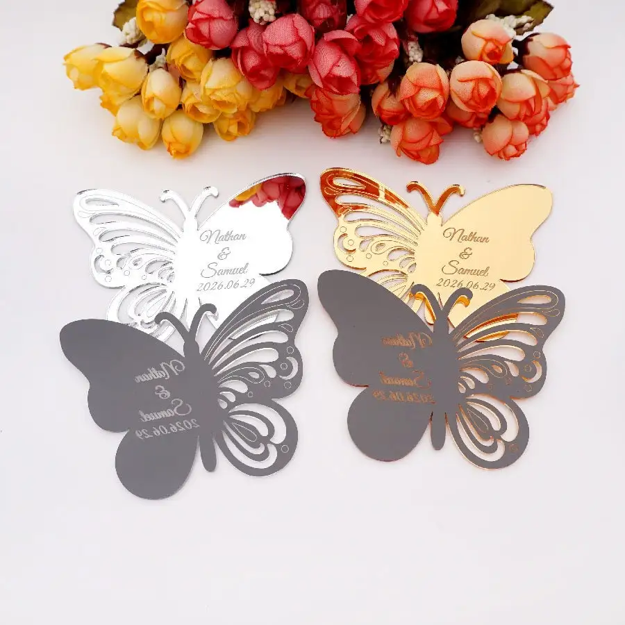 Acrylic Mirror Butterfly Tags Custom Name Date Party Gift Home Decoration Personalized Wedding Invitation Card