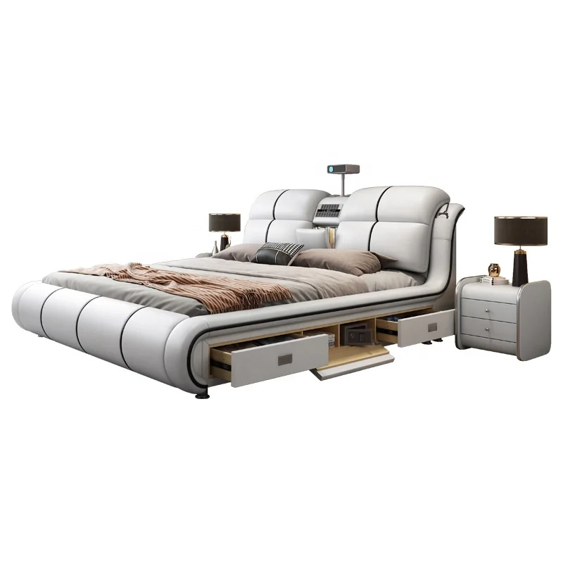 Modern multi-function electric massage bed Bedroom furniture Intelligent AV storage Double king bed Solid wood frame
