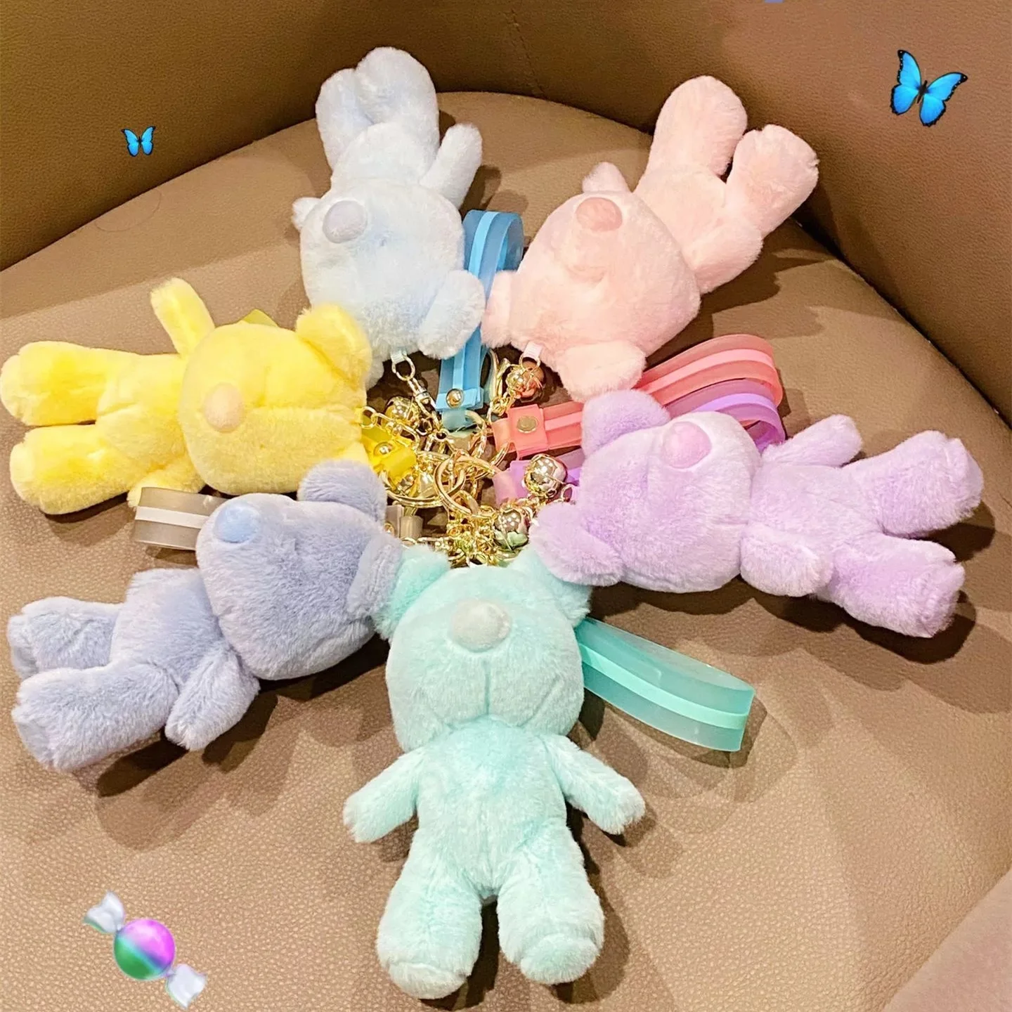 2021 Designer Cute Bear Plastic Fur Pompom Kids Girl Accessory Keyring Key Chain