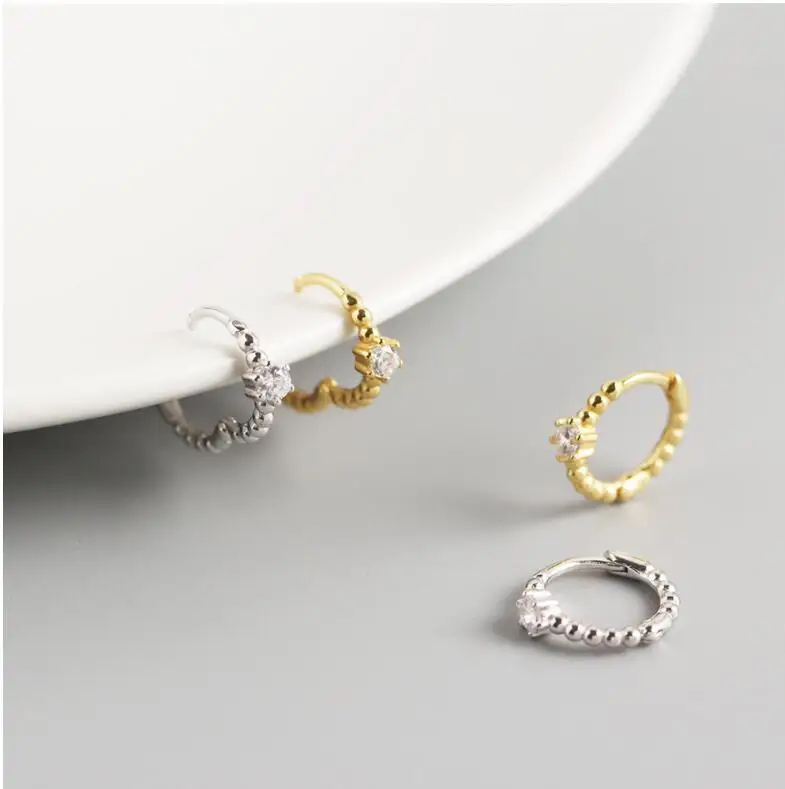 18k gold sterling silver earrings fashion Women Teen Girls Simple Trendy Small Gold Beaded Hoop Earrings with Diamond