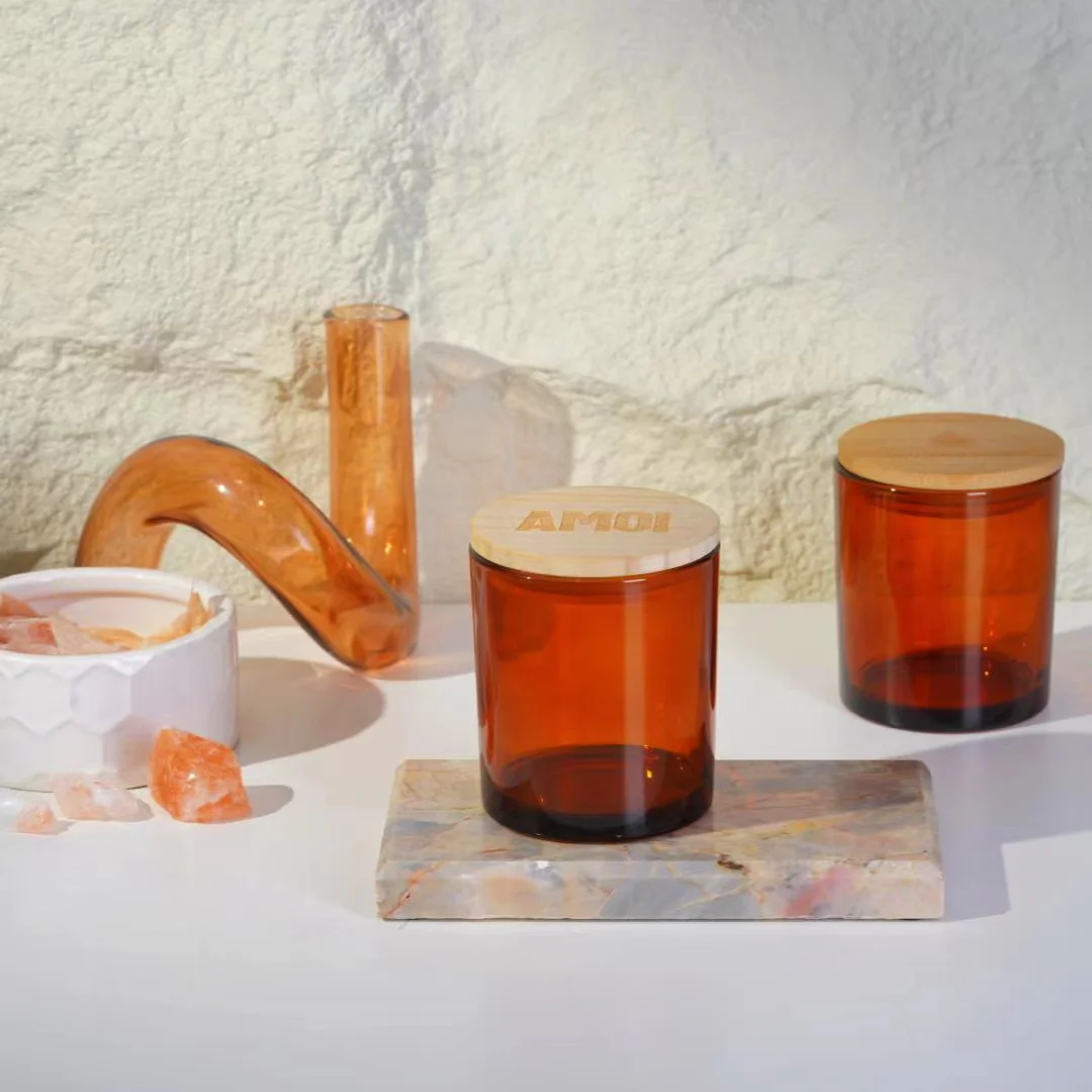 Empty Transparent clear Amber Glass Candle Jars and  Luxury Candle Vessels with Lid