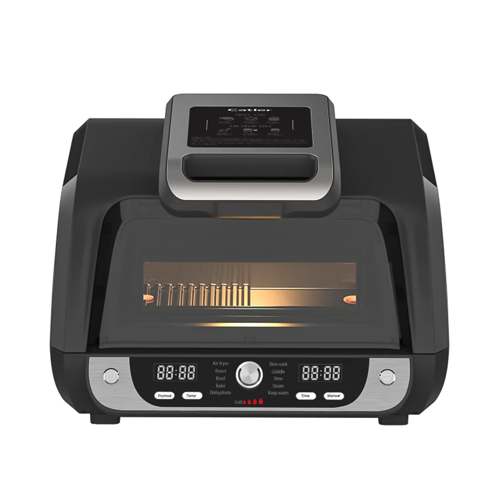 12 in 1 Smokeless Indoor BBQ Grills Air Fryer Electric Grill with Alu Basket Alu Diecasting Cooking Pot Glass Lid Cleaning Brush
