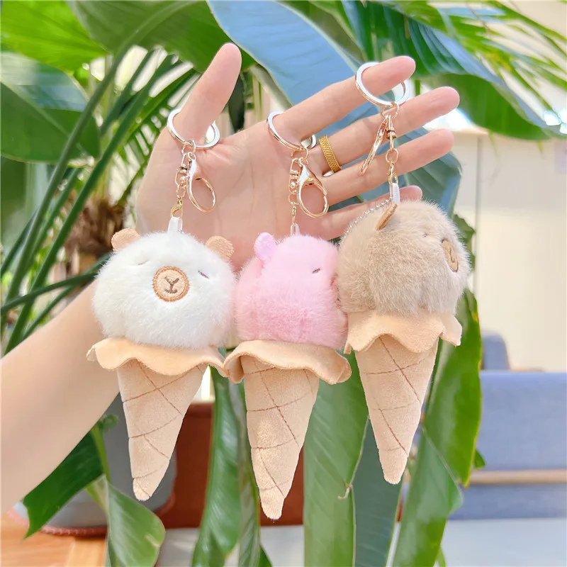 Creative 14CM Ice Cream Capybara Plush Dol keychain Toys Food Keychain kawaii Soft Stuffed plush toy Bag charm Pompom keychain