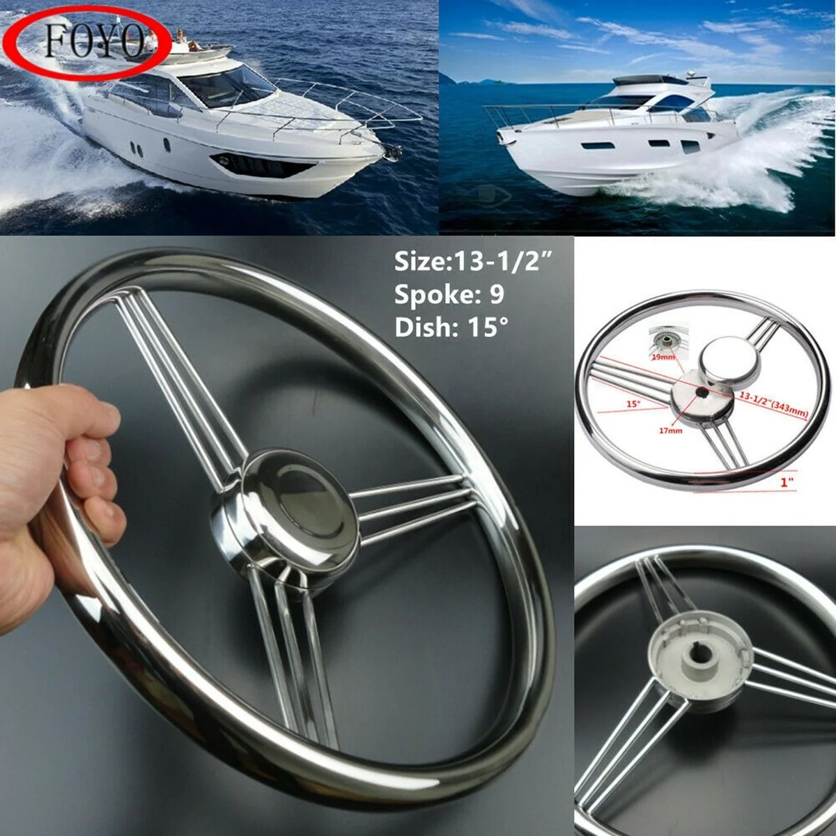 Полированная Морская Лодка Foyo, 13,5 дюйма, нержавеющая сталь, 9 спиц, рулевое колесо для яхты