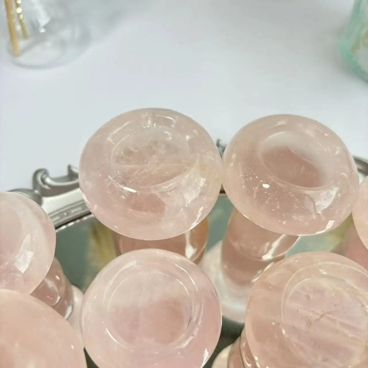 High Quality Natural Mushroom Shape Quartz Wholesale Crystal Sphere Stand Candle Stand Ice Rose Quartz Mushroom For Decoration