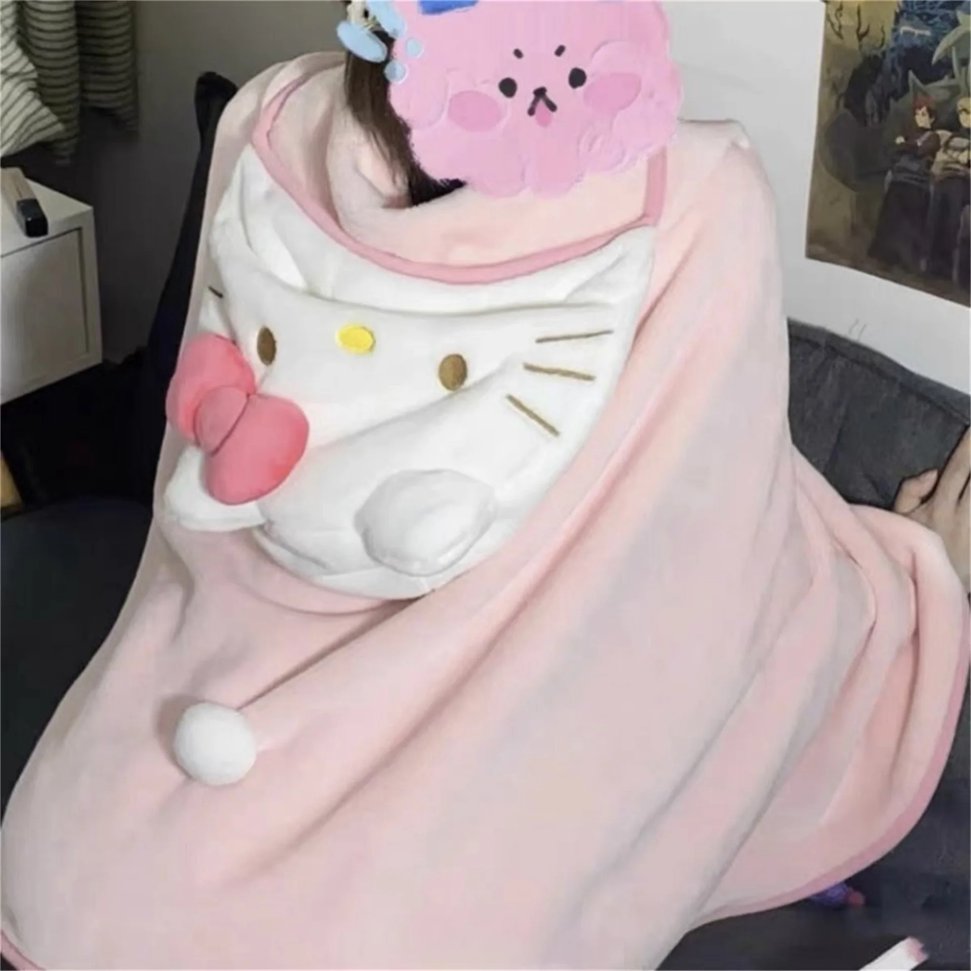 Botu kawaii kitty Air Conditioning Blanket Hooded Cute Cloak Student Dormitories Office Blanket Shawl Home Warm Cloak blanket