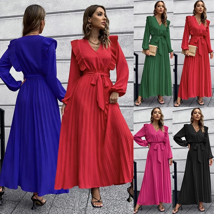 trending products 2023 new arrivals custom lady spring vintage long sleeve elegant vintage pleated v neck mdi maxi women dress