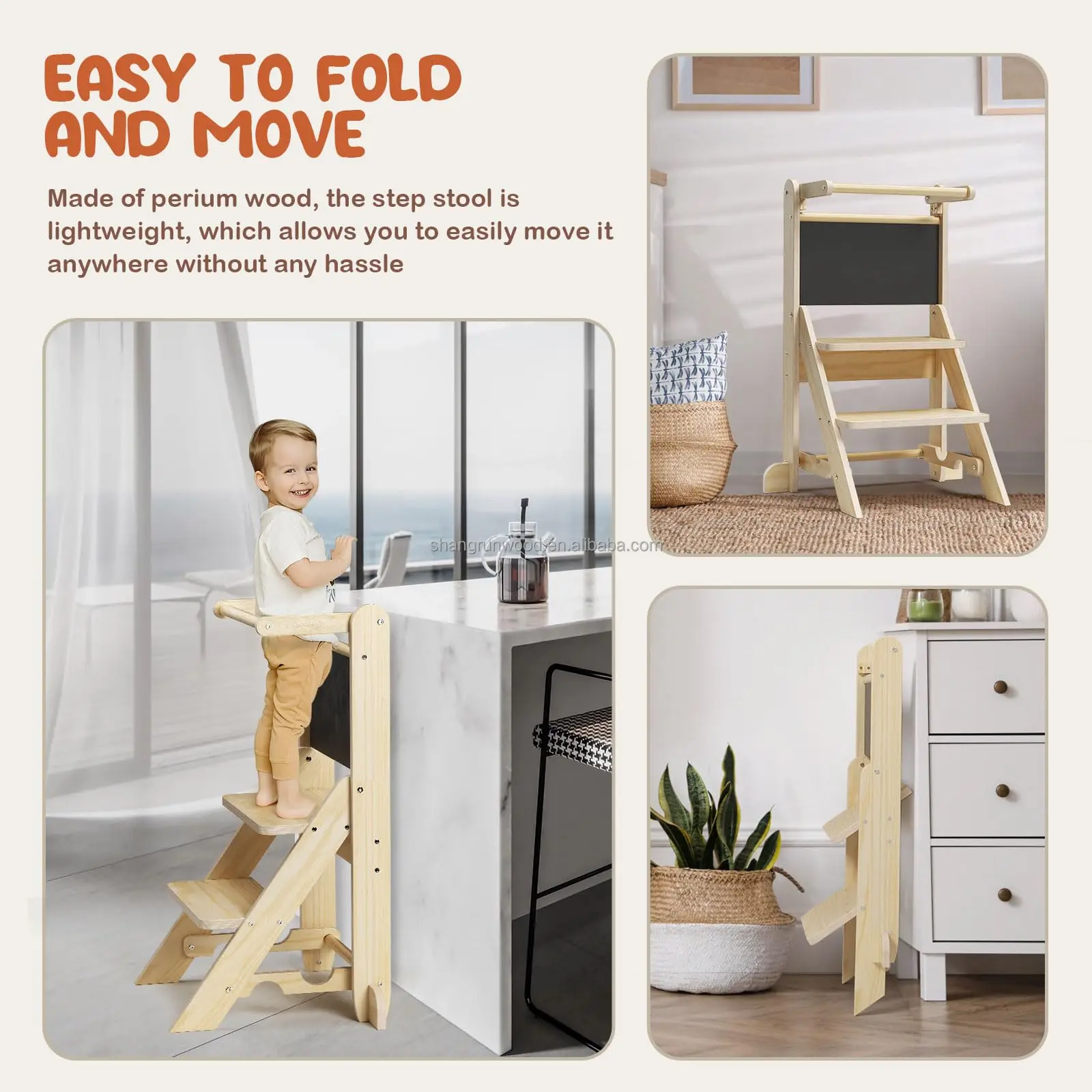 Kitchen Montessori Foldable Step Stool Kitchen Helper Stool Foldable Learning Tower Wooden Step Up Stools For Kids