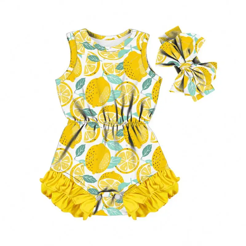 
Lemon Pattern Golden Baby Girl Romper High Quality Girls Ruffle Rompers Matching Headband Wholesale Price 