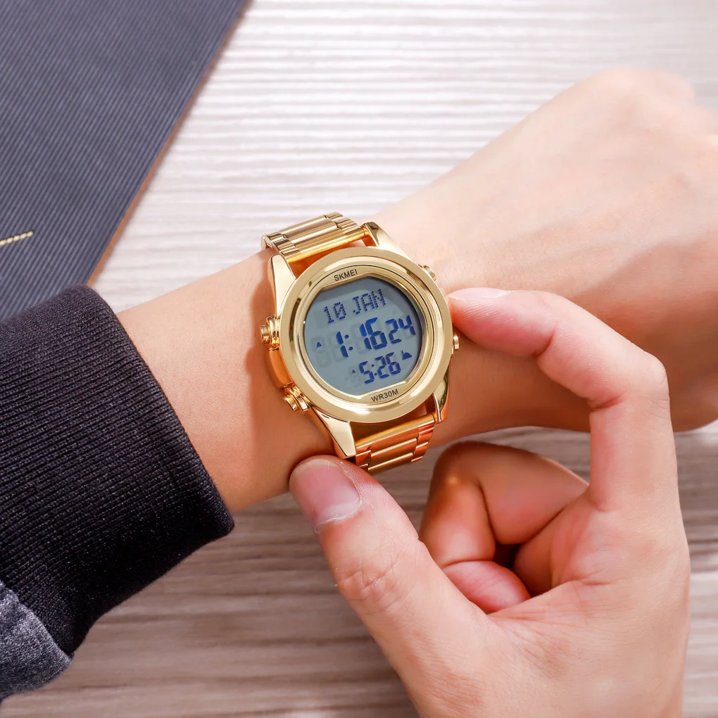 Hot Sale 1667 Luxury Azan Muslim Prayer Watch Alarm Clock Al Fajr Qibla Stainless Steel Gold Watch Men Digital Watch