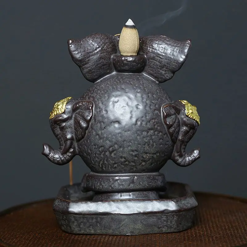 LED Crystal Ceramic Ganesh Pikanet Backflow Incense Burner Elephant Aroma Censer