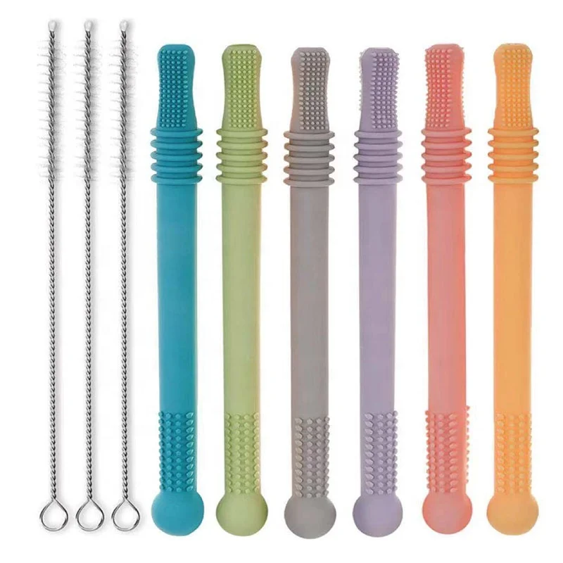 Food Grade BPA Free Hollow Straw Shape Sensory Teething Toys Baby Silicone Teether Kids Bite Chewing Hollow Teether Tube
