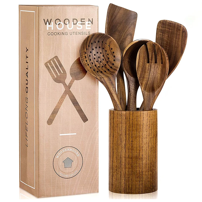 Натуральный набор из 6 предметов, прочный кухонный набор посуды из тикового дерева/