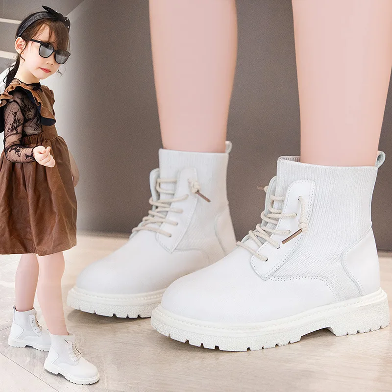 2021 New Fashion Trend Leather Girls Boots Lace-up Ankle Sock Autumn And Spring