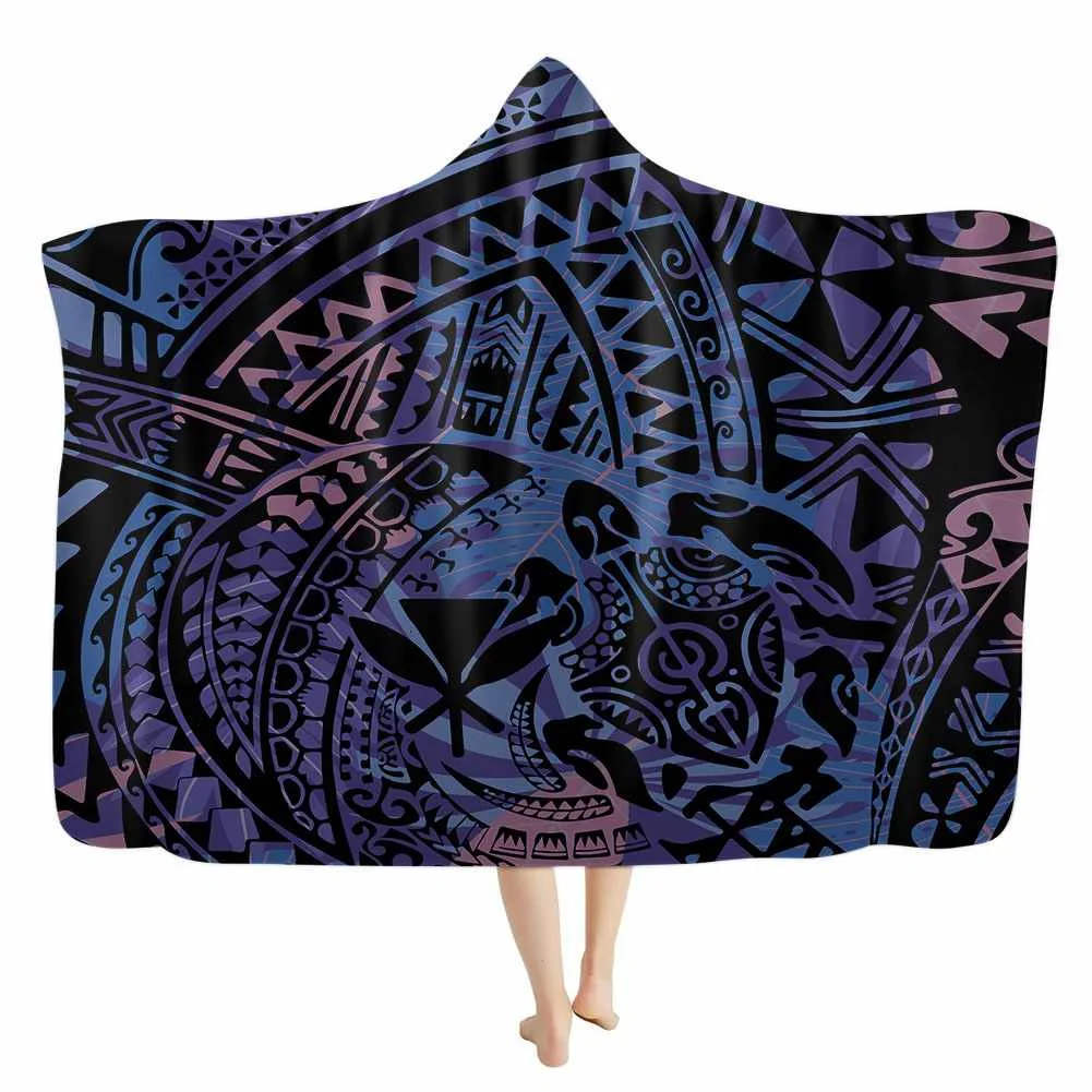 DHAmerican Samoa Plumeria Polynesian Tattoo Gold Color Hooded Blanket Soft Adult Wearable Hood Poncho Throw Plush Blanket Men Ki