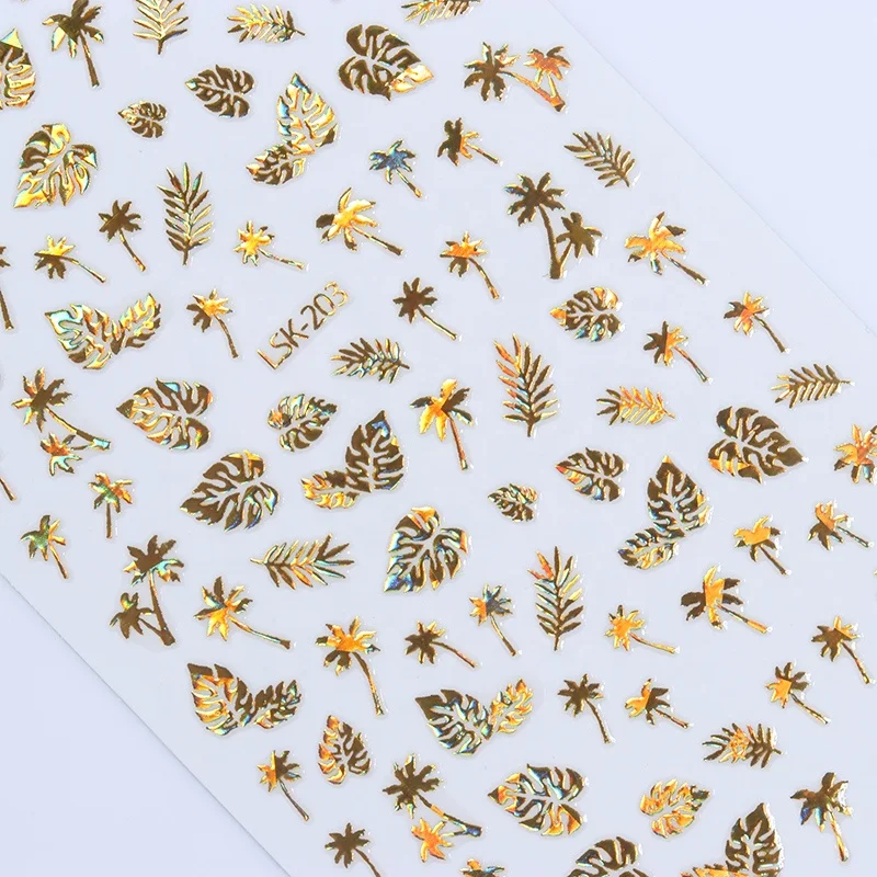 
1Pcs 3D Holographics Nail Sticker Coconut Tree Leaf Gold Nail Adhesive Decals Holo Laser Glue Tips Nail Art Decoration 