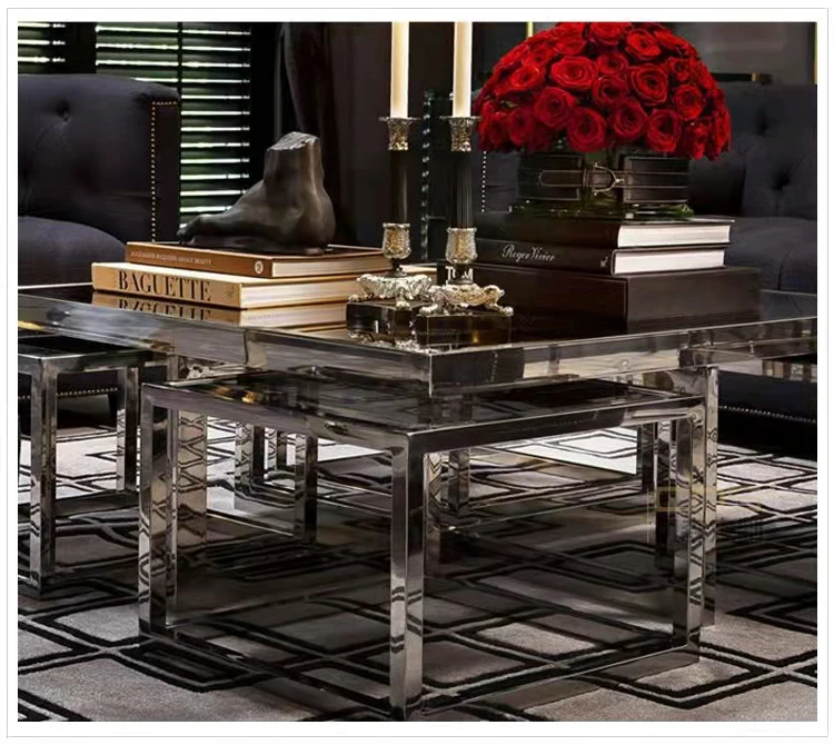 5 Pces Of Set Modern 1+4 Coffee Table Basse Gold Metal Stainless Steel Frame Living Room Furniture Square Glass Coffee Table Set