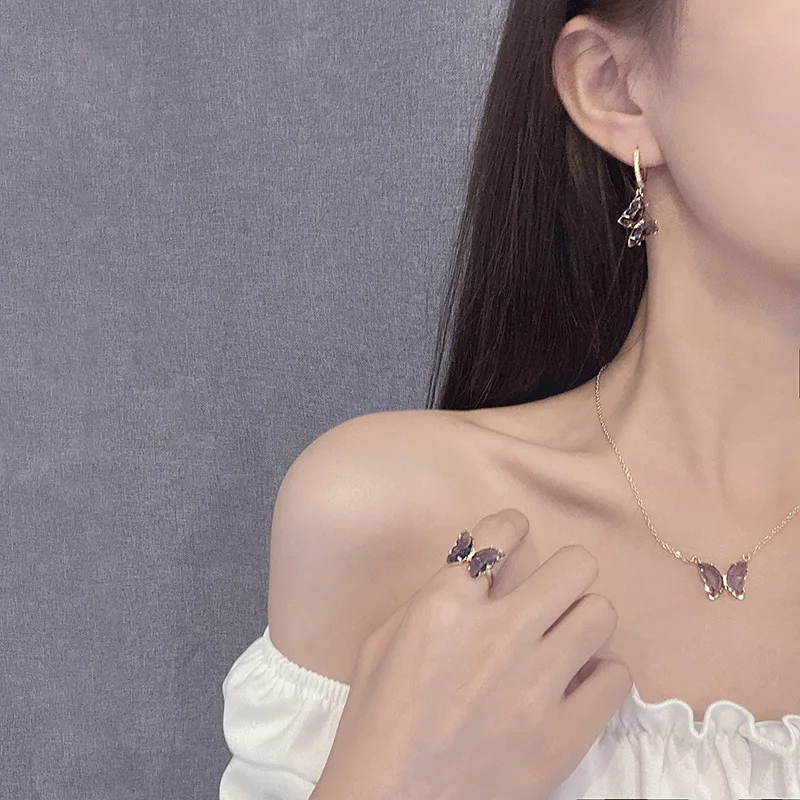 Trendy Amethyst Earrings Ladies Butterfly Women Earrings Necklace Crystal Ring Jewelry Sets Women