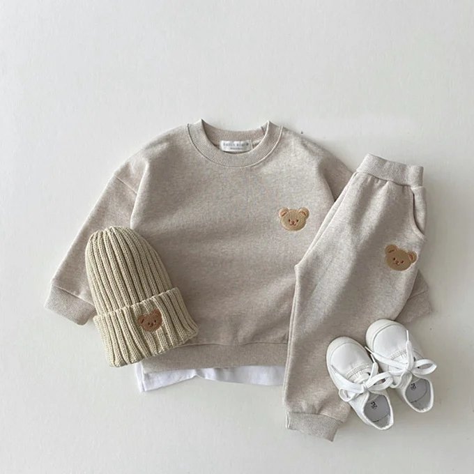 INS Newborn Toddler Tracksuit Long Sleeve Sweater+Pants 2pcs Set Unisex Baby Cotton Embroidery Bear Round Neck Leisure Outfits