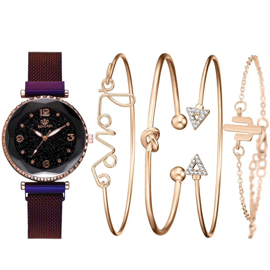 Luxury Brand Rose Gold Starry Sky Dial Watches Women Ladies Crystal Bracelet Quartz Wrist Watch 5 PCS Set Relogio Feminino