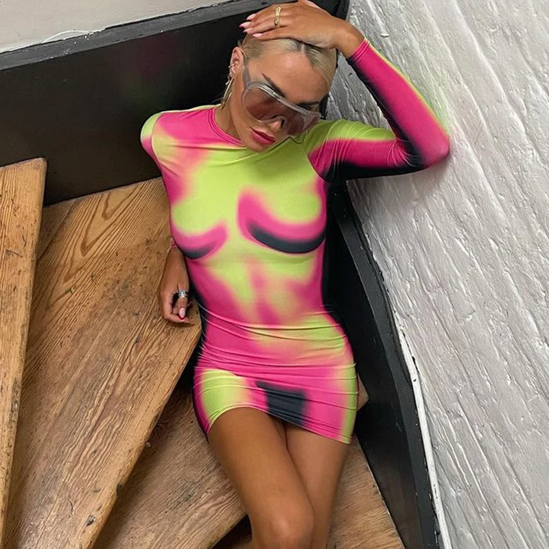 Lagerfe Human Infrared Thermal Imaging Print Dress Long Sleeve Sexy Bodycon Y2K Apparel Women 2021 Autumn Winter Casual Clothes