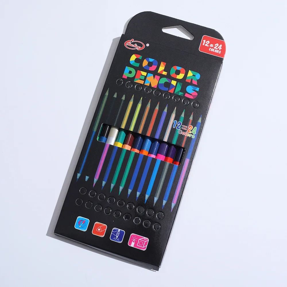 School students art drawing wooden double head oil coloring pencils 12 set