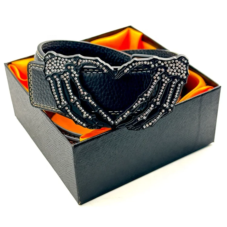 Shiny Rhinestone Hand Logo Heart Shape Belt Buckle Custom Designer Brand Black Plating Metal Buckle for Man