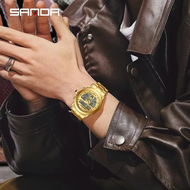 SANDA 6204 Men Quartz Watches Fashion Elegant Arabic Tidal Direction Indication Trendy Chronograph Stainless Steel Strap Watches