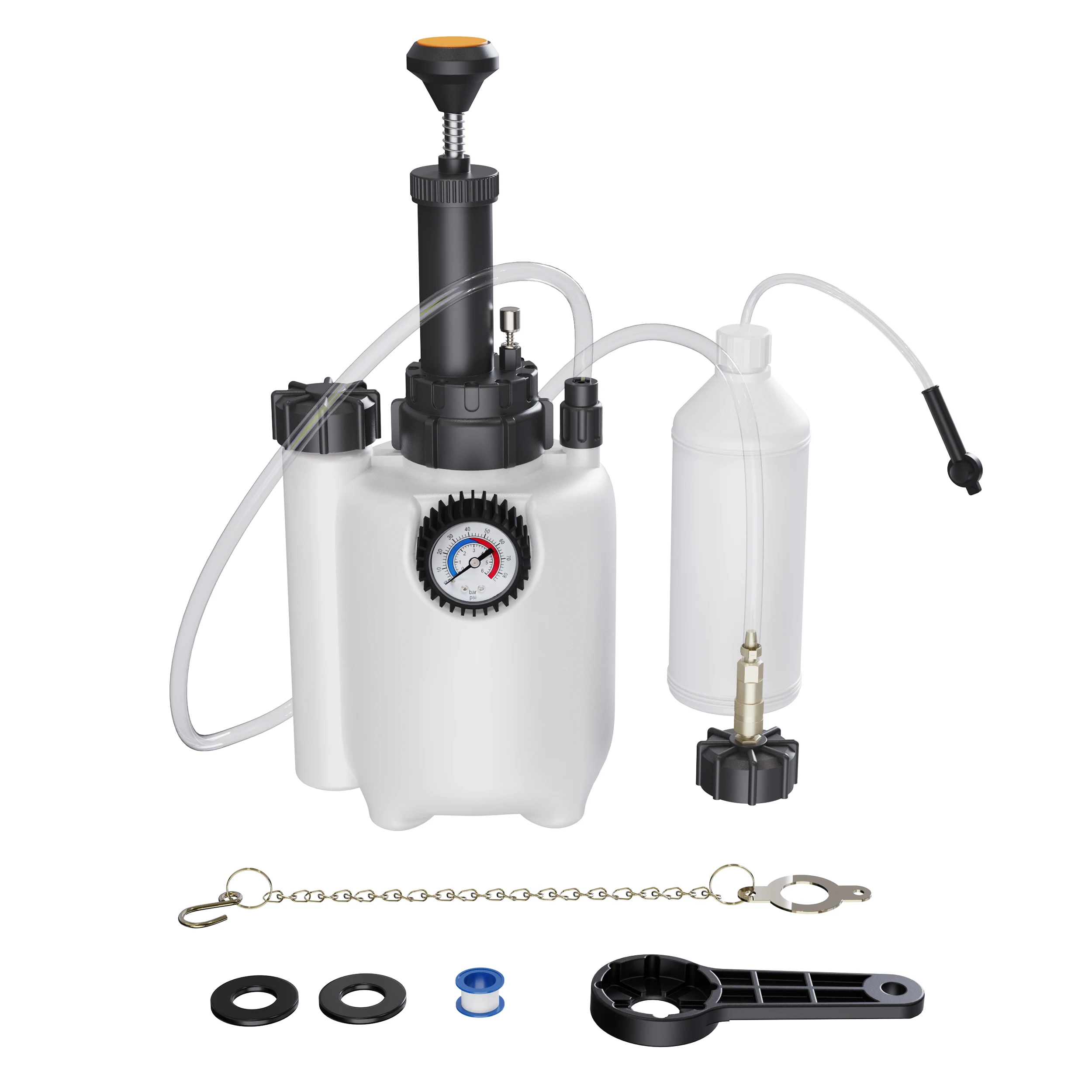 Устройство для замены тормозной жидкости с ручным приводом объемом 3 л (вентилятор) и 1 (резервуар топлива) манометром автомобилей