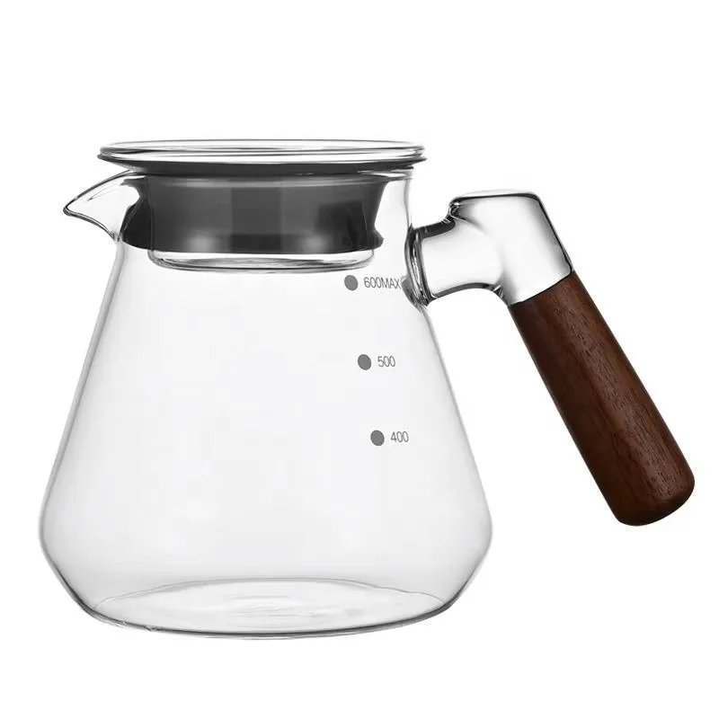 High Borosilicate Glass, Walnut Wooden Handle, Heat Resistant  Coffee Red Tea Carafe Pot Kettle Pitcher with Wood Handle and Lid
