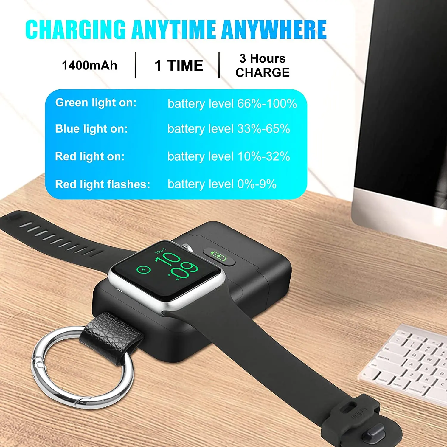 Portable Magnetic Wireless Charger Power Bank Type-C 1400mAh with Keychain for iWatch Series 7/6/SE/5/4/3/2/1/Nike+ (Black)
