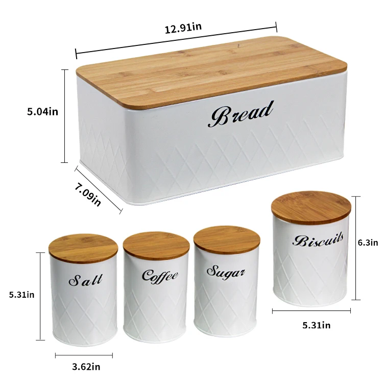 5 PCS Bamboo Lid Bread Bin Set Biscuit Coffee Tea Sugar Canister Sets Container Food Storage Box Bread Bin For Kitchen