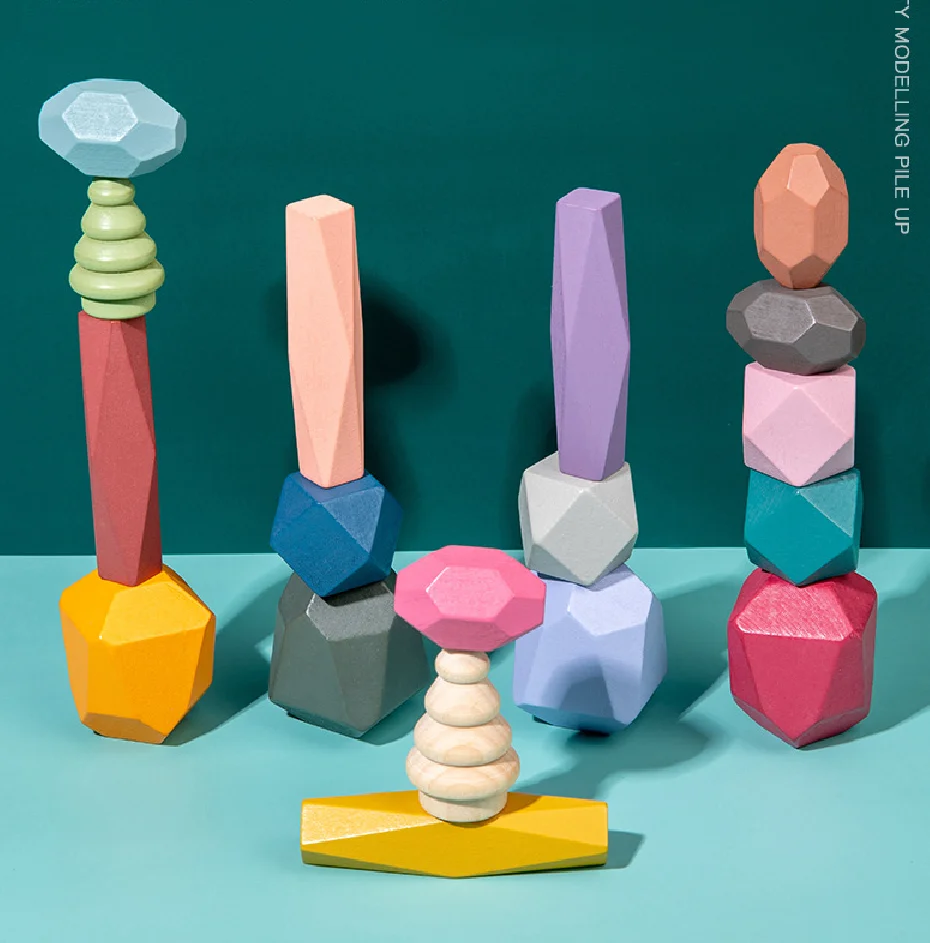 
Wooden Stacking 18PCS Colored Natural Wood Balancing Stones Fine Motor Skill Building Blocks Rocks Educational Equilibrium Toys 