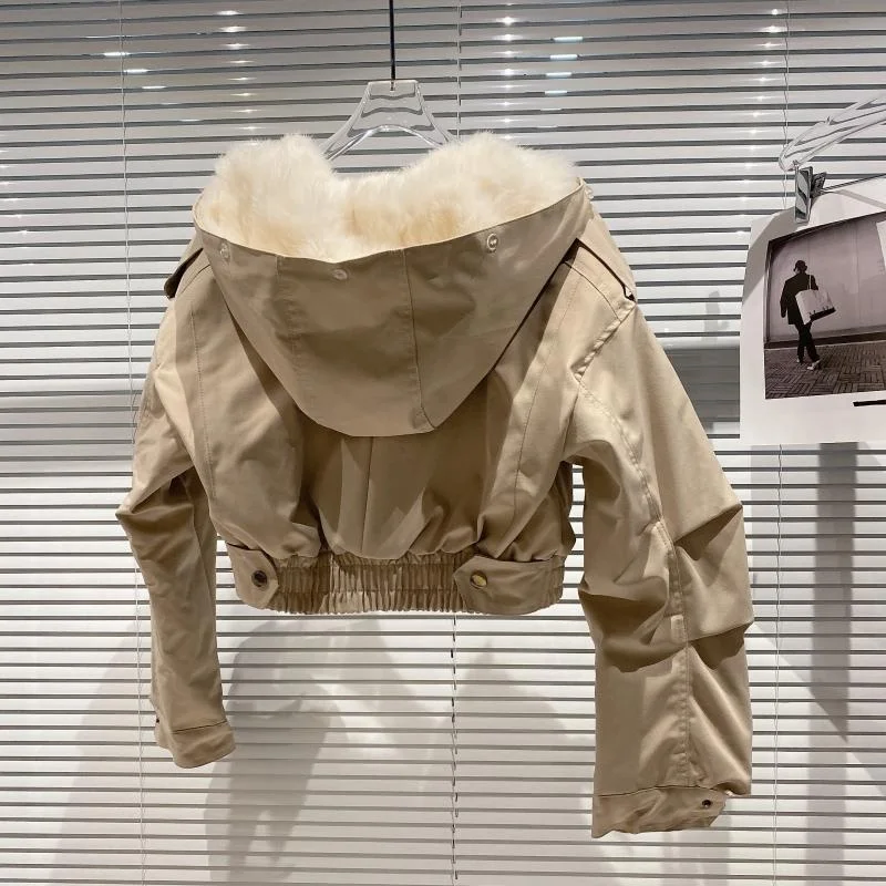 OUDINA Winter Fox Fur Hat Bubble Coat With Hood Short Cropped Jacket Hoodie Womens Fur Coats For Ladies