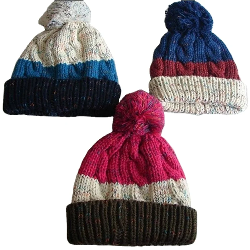 custom mens  solid acrylic cable knit bobble hats beanie with woven label