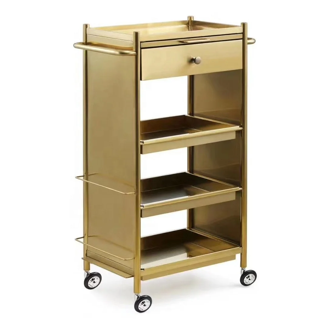 Hot Barber Shop Tool Cabinet Stainless Steel Beauty Salon Cart Gold Metal Salon Trolley  ZY-803