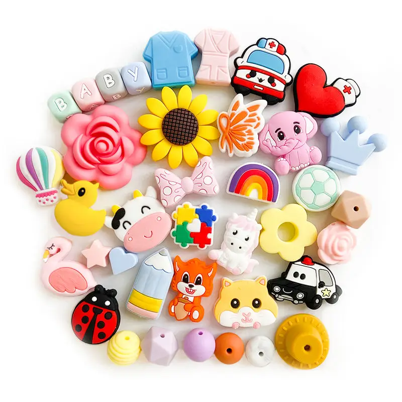 Factory Custom Silicone Charms Focal Beads for Pen Making DIY Baby Pacifier Clip Accessories Jewelry Silicone Teething Beads