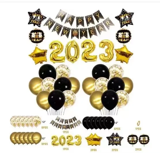 2023 Happy New Year Party Balloons sets Balloon Banner-Black and Gold Star Champagne Mylar Foil Party Supplies
