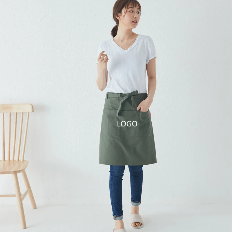 Japanese Barista Pattern Embroidery Logo Kitchen Waist Tool Half Cotton Restaurant Uniform Waiter Apron For Women