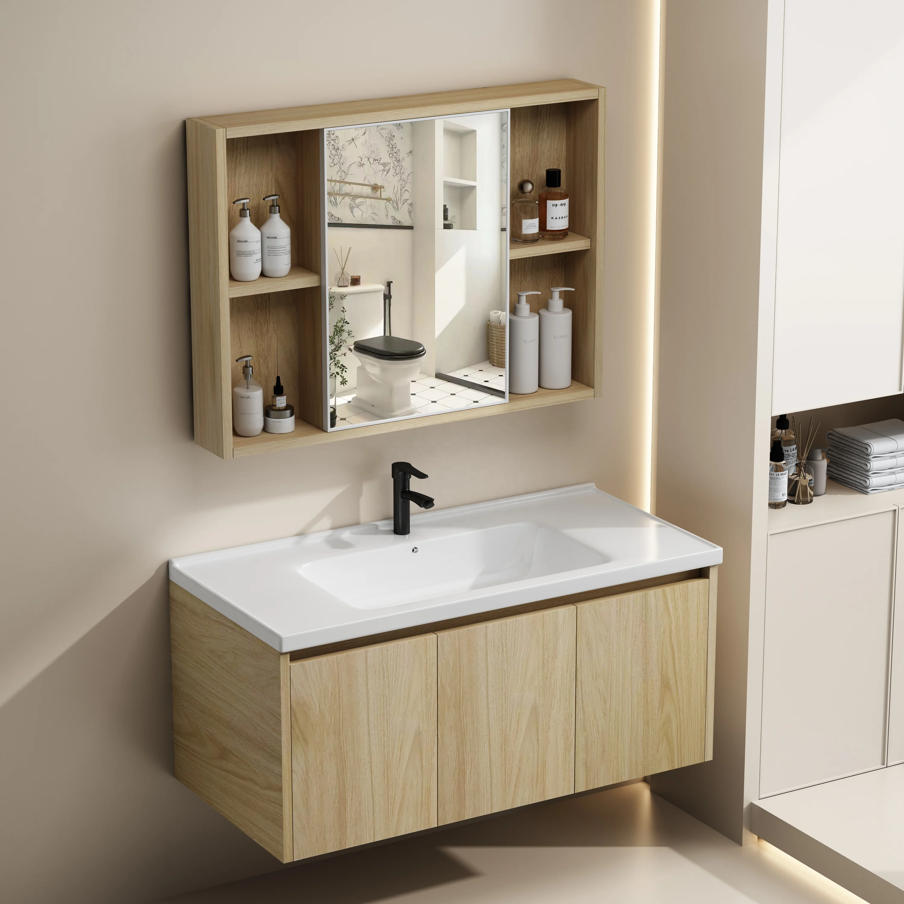 Factory Price Modern Bathroom Wall Cabinet Vanity Double Door Storage Cabinet Wash Basin with Mirror