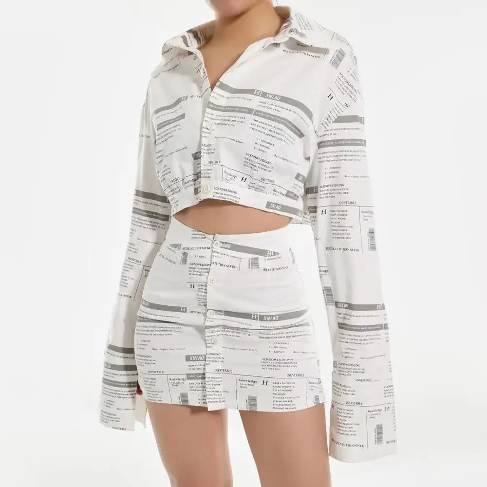 
2020 fashion clothes woman sexy printed long-sleeved short shirt package hip skirt two-piece 