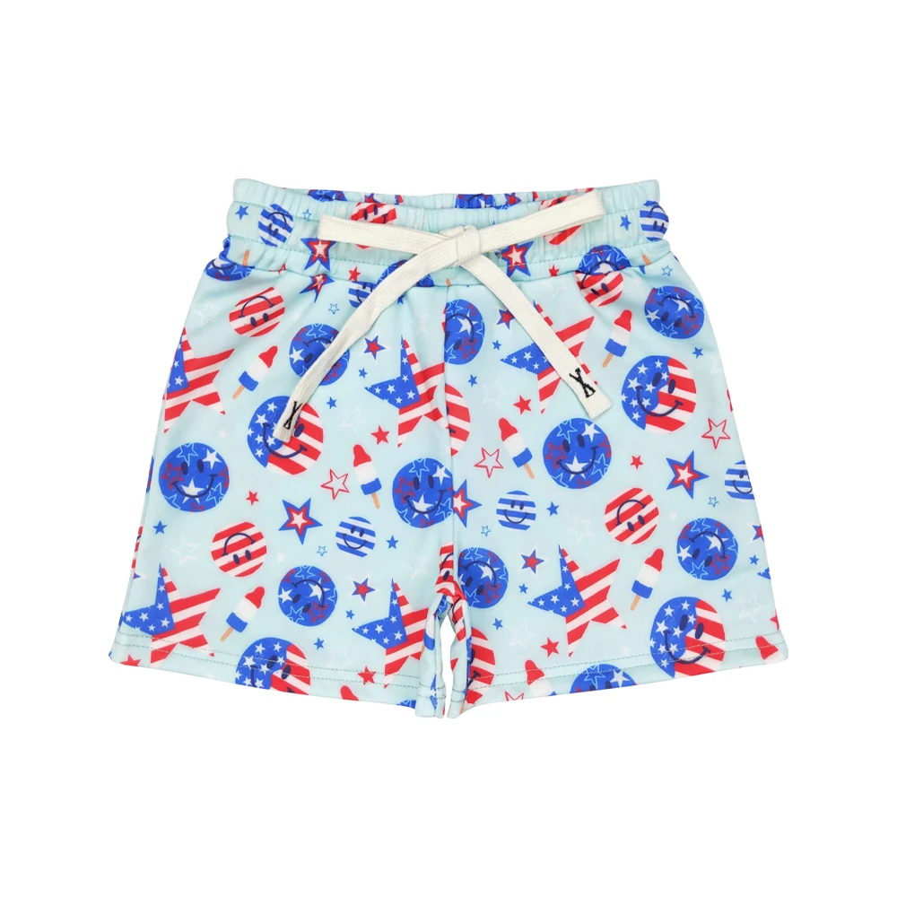 Boys comfortable shorts blue red flags print wholesale boys summer trunks boutique low price clothes ready to ship no moq