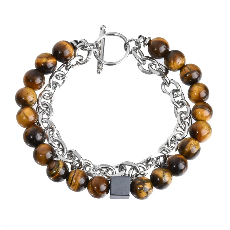 European American 8mm Tiger Eye Stone Double Layer Bracelet for Men Square Black Magnet Beaded Religious Handicraft Jewelry